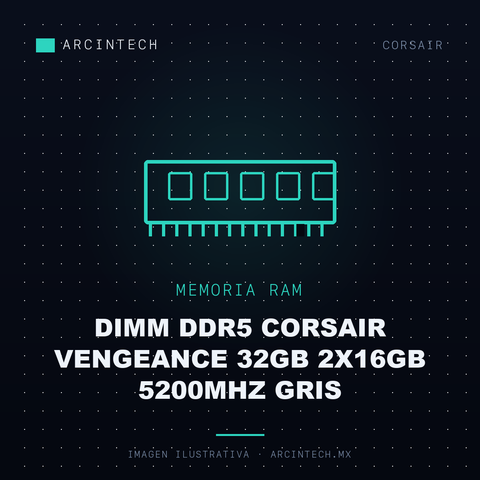 Memoria RAM Dimm DDR5 Corsair Vengeance 32GB 2X16GB 5200MHz Gris