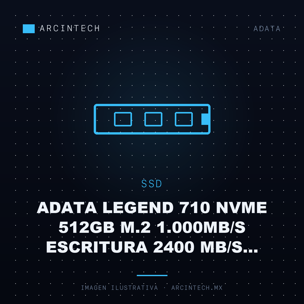 Unidad de Estado Solido SSD Adata Legend 710 NVMe 512GB M.2 1.000MB/S Escritura 2400 Mb/s Lectura, PCI Express 3.0