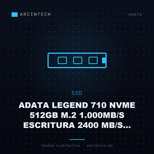 Unidad de Estado Solido SSD Adata Legend 710 NVMe 512GB M.2 1.000MB/S Escritura 2400 Mb/s Lectura, PCI Express 3.0