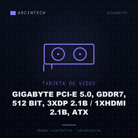 Tarjeta de Video Gigabyte Pci-e 5.0, GDDR7, 512 Bit, 3XDP 2.1B / 1XHDMI 2.1B, ATX