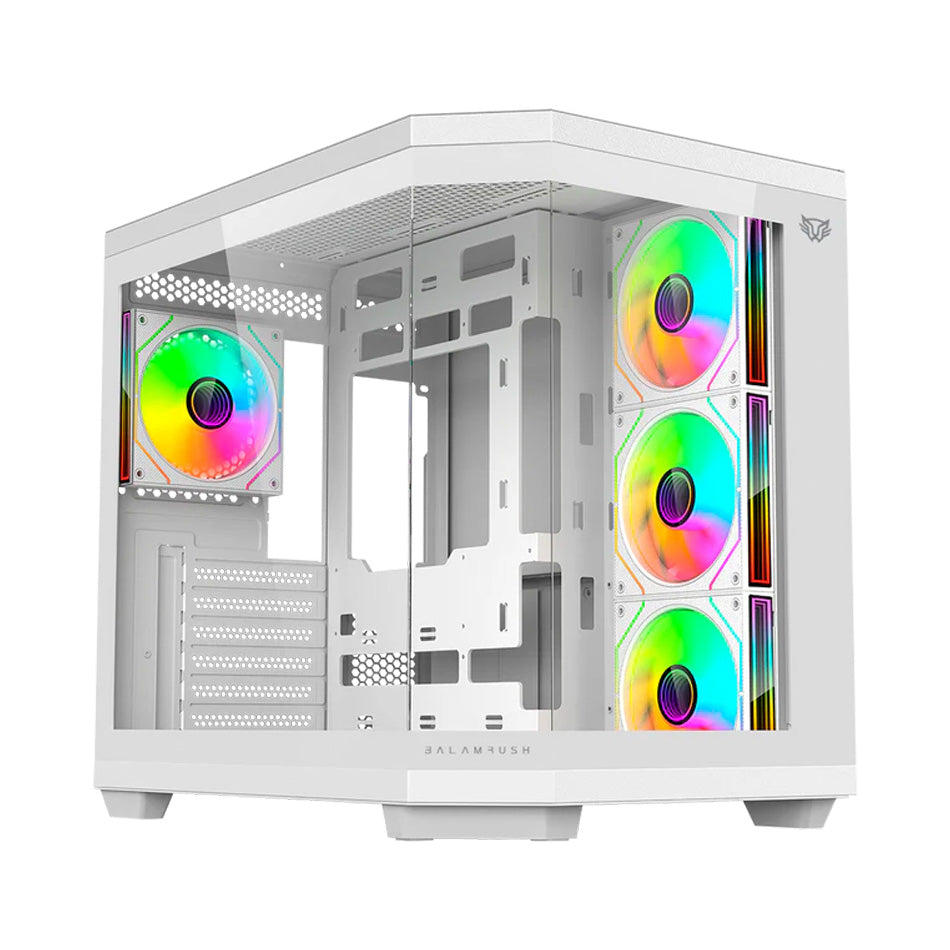 GABINETE BALAM RUSH TANK MASTER 9600 TB VENTANA RGB MIDI-TOWER SIN FUENTE 3 VENTILADORES RGB INSTALADOS BLANCO (BR-938686)