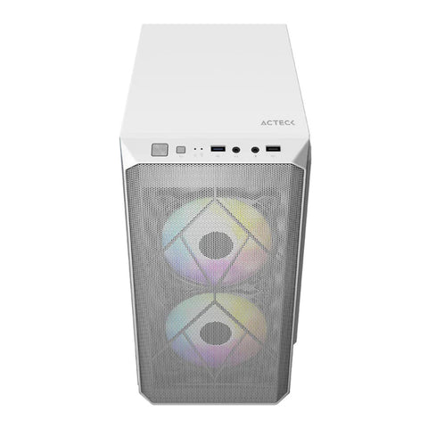 GABINETE ACTECK DOOM GI630 MICRO TORRE FUENTE 500W PANEL IZQ ACRILICO FRENTE MALLA 3 VENTILADORES RGB BLANCO (AC-935746)