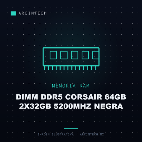 Memoria RAM Dimm DDR5 Corsair 64GB 2X32GB 5200MHz Negra