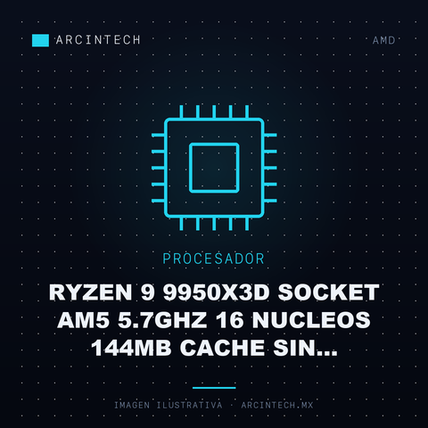 Procesador Ryzen 9 9950X3D Socket AM5 5.7GHz 16 Nucleos 144MB Cache sin Disipador