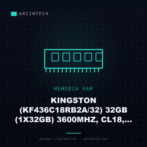 Memoria Dimm DDR4 Kingston (KF436C18RB2A/32) 32GB (1X32GB) 3600MHz, CL18, Non-ecc, Fury Renegade RGB