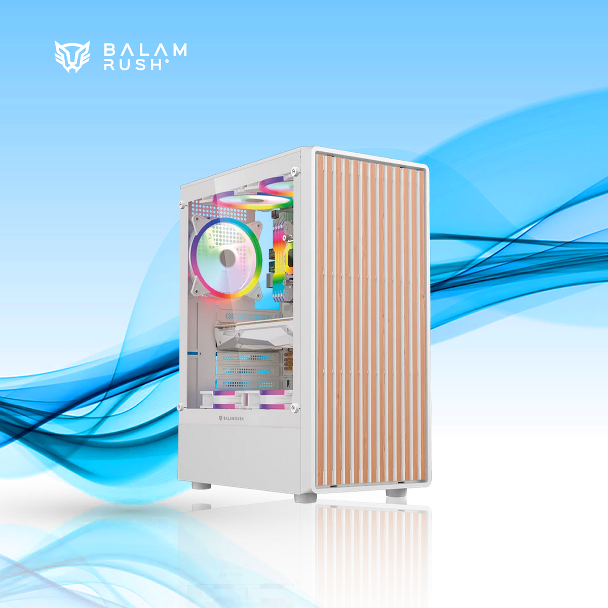 GABINETE GAMER BALAM RUSH DRAGONFLY WOOD GM580 ATX MEDIA TORRE 4 FAN ARGB CRISTAL TEMPLADO FRENTE TIPO MADERA BLANCO (BR-943970)
