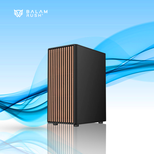 GABINETE GAMER BALAM RUSH DRAGONFLY WOOD GM580 ATX MEDIA TORRE 4 FAN ARGB CRISTAL TEMPLADO FRENTE TIPO MADERA NEGRO (BR-943949)