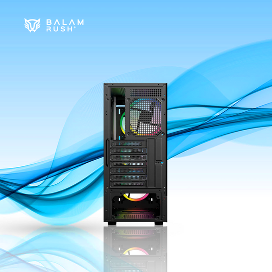 GABINETE GAMER BALAM RUSH DRAGONFLY WOOD GM580 ATX MEDIA TORRE 4 FAN ARGB CRISTAL TEMPLADO FRENTE TIPO MADERA NEGRO (BR-943949)