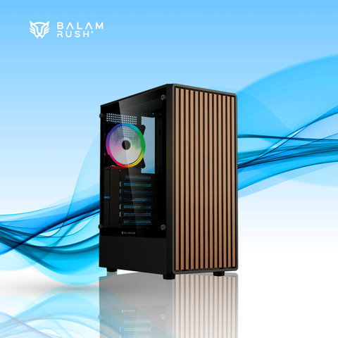 GABINETE GAMER BALAM RUSH DRAGONFLY WOOD GM580 ATX MEDIA TORRE 4 FAN ARGB CRISTAL TEMPLADO FRENTE TIPO MADERA NEGRO (BR-943949)