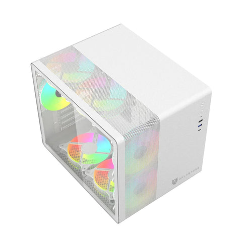 GABINETE BALAM RUSH TANK MINI GI930 MINITOWER ITX/MINI-ATX SIN FUENTE 3 VENTILADORES ARGB BLANCO (BR-936040)