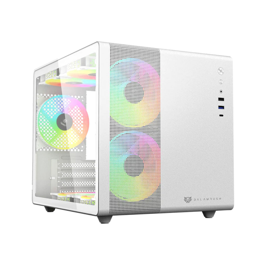 GABINETE BALAM RUSH TANK MINI GI930 MINITOWER ITX/MINI-ATX SIN FUENTE 3 VENTILADORES ARGB BLANCO (BR-936040)