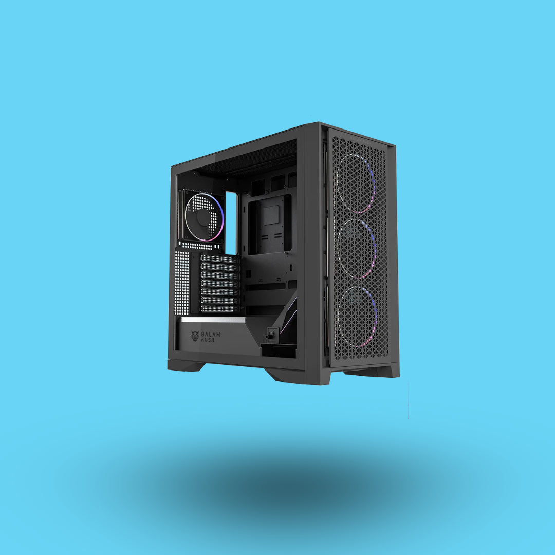 GABINETE GAMER BALAM RUSH MEDIA TORRE CARBONO POLAR TWIN MATE 9900 LEGEND SERIES ATX/MICRO-ATX/MINI-ITX USB 2.0/3.0/3.1 SIN FUENTE 5 VENTILADORES INSTALADOS PANEL IZQUIERDO CRISTAL NEGRO (BR-941457)