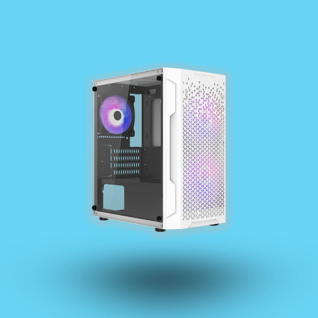 GABINETE BALAM RUSH GAMER ARTIC GI725 MINI TORRE VENTILADOR RGB PANEL CRISTAL TEMPLADO BLANCO (BR-936125)