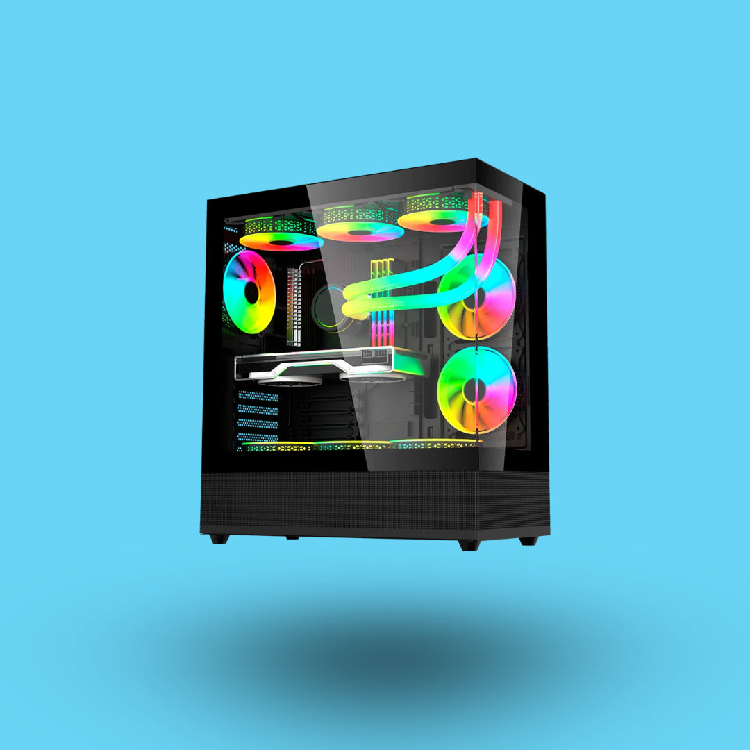 GABINETE GAMER BALAM RUSH TANK SUPER 9200 TB ATX MEDIA TORRE 3 FAN ARGB CRISTAL TEMPLADO SIN BORDES USB-C NEGRO (BR-938723)
