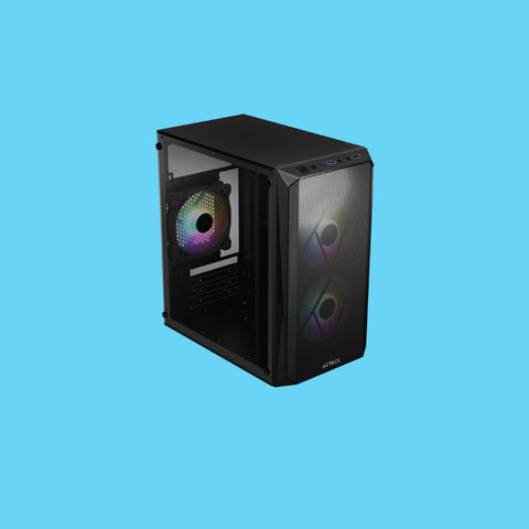 GABINETE ACTECK DOOM GI630 MICRO TORRE FUENTE 500W PANEL IZQ ACRILICO FRENTE MALLA 3 VENTILADORES RGB NEGRO (AC-935739)
