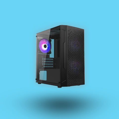 Gabinete Balam Rush Gamer Artic GI725 mATX Micro Torre 3 Ventiladores Panel Izq Cristal + Frente Colmena + Full Color Box sin Fuente Negro
