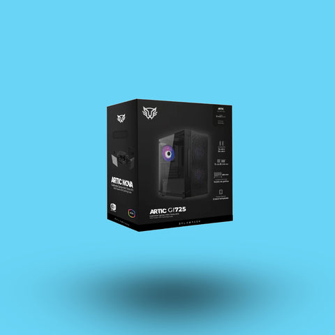 Gabinete Balam Rush Gamer Artic GI725 mATX Micro Torre 3 Ventiladores Panel Izq Cristal + Frente Colmena + Full Color Box sin Fuente Negro