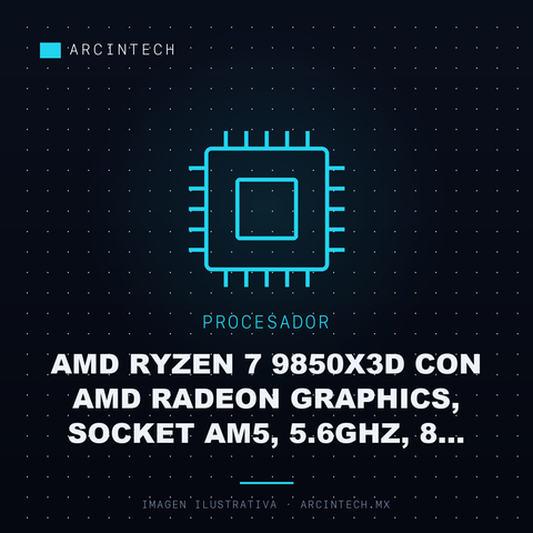 Procesador AMD Ryzen 7 9850X3D con AMD Radeon Graphics, Socket AM5, 5.6GHz, 8 Nucleos, 96MB Cache - No Incluye Disipador