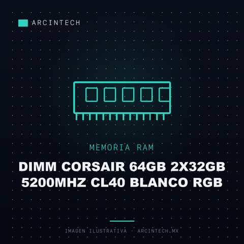 Memoria RAM DDR5 Dimm Corsair 64GB 2X32GB 5200MHz CL40 Blanco RGB