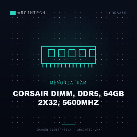 Memoria RAM Corsair Dimm, DDR5, 64GB 2X32, 5600MHz