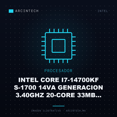 Procesador Intel Core I7-14700KF S-1700 14VA Generacion 3.40GHz 20-CORE 33MB Cache