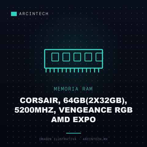 Memoria Dimm DDR5 Corsair, 64GB(2X32GB), 5200MHz, Vengeance RGB AMD Expo